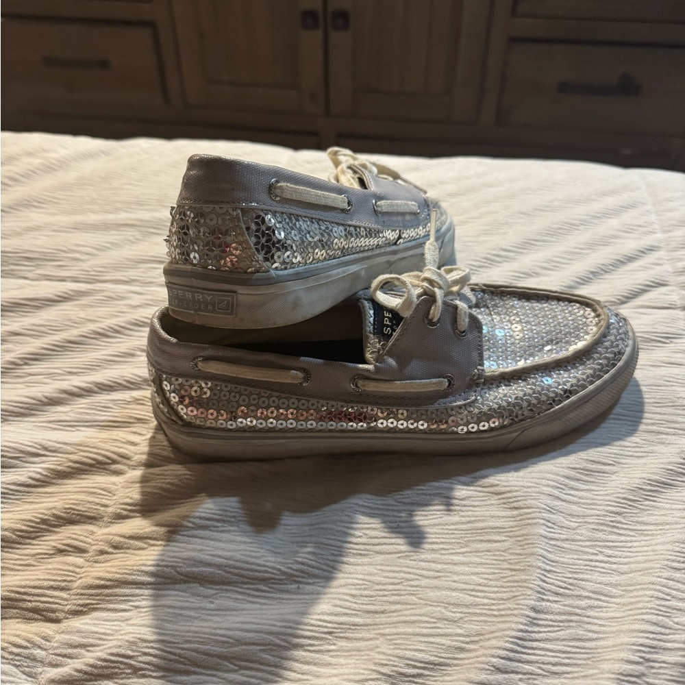 Women's Silver Sequin Sperry Boat Shoes - Picture 3 of 4